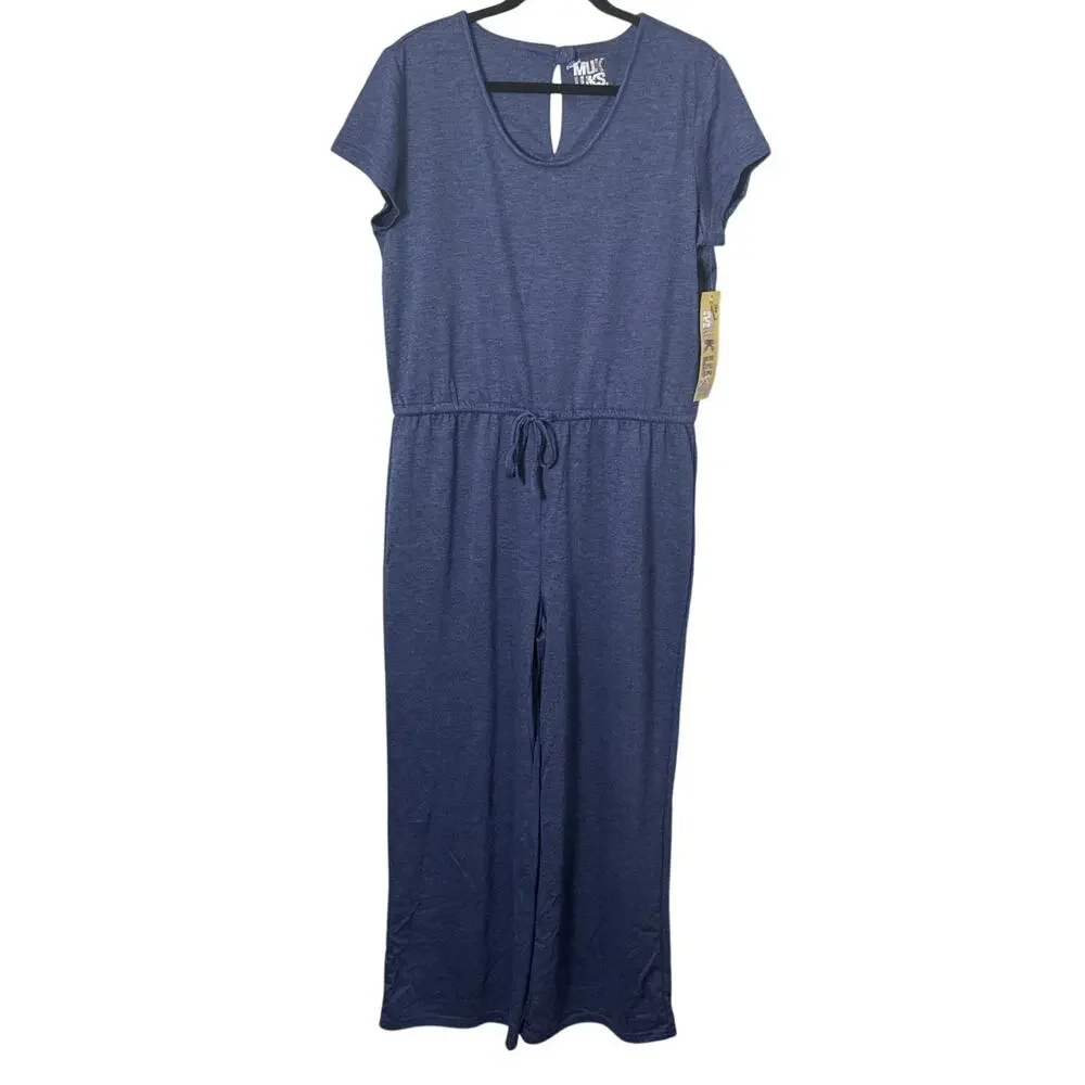 MUK LUKS French Terry Weekend Story Short Sleeve Jumpsuit in Heather Navy Size L - Picture 2 of 11